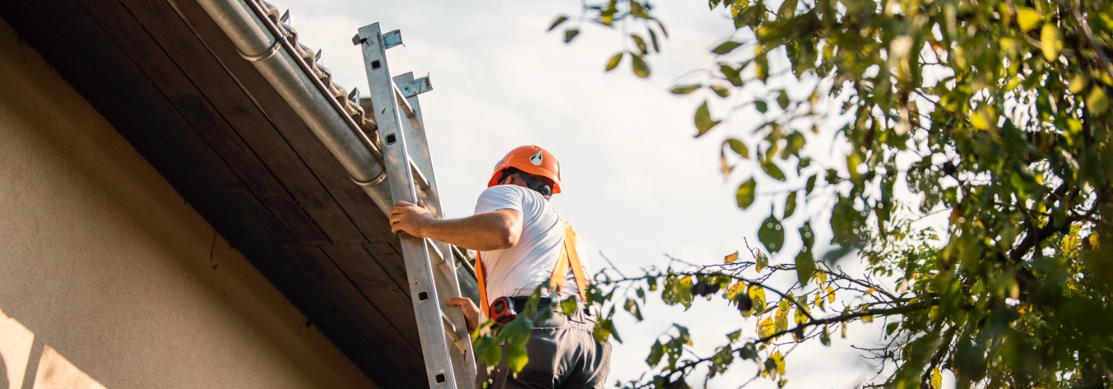 A roofer wearing a white shirt and orange hard hat climbs a ladder as part of the roofing process.