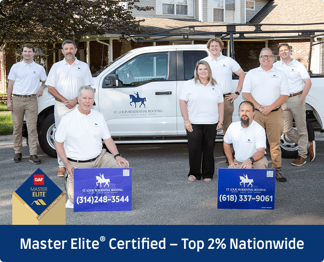 St. Louis Residential Roofing team standing with a branded company truck, holding yard signs with Missouri and Illinois phone numbers, with a GAF Master Elite certification badge